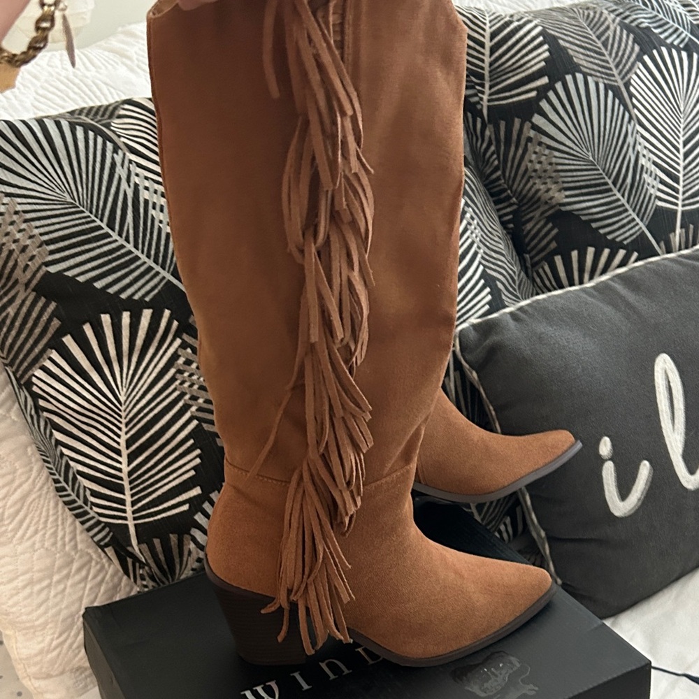 Windsor Cognac Suede Fringe Knee-High Boots - Picture 2 of 9